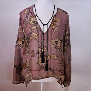 NEW FOR LOVE AND LEMONS 100% Silk Santa Rose Pink Blouse Top Golden Floral XS